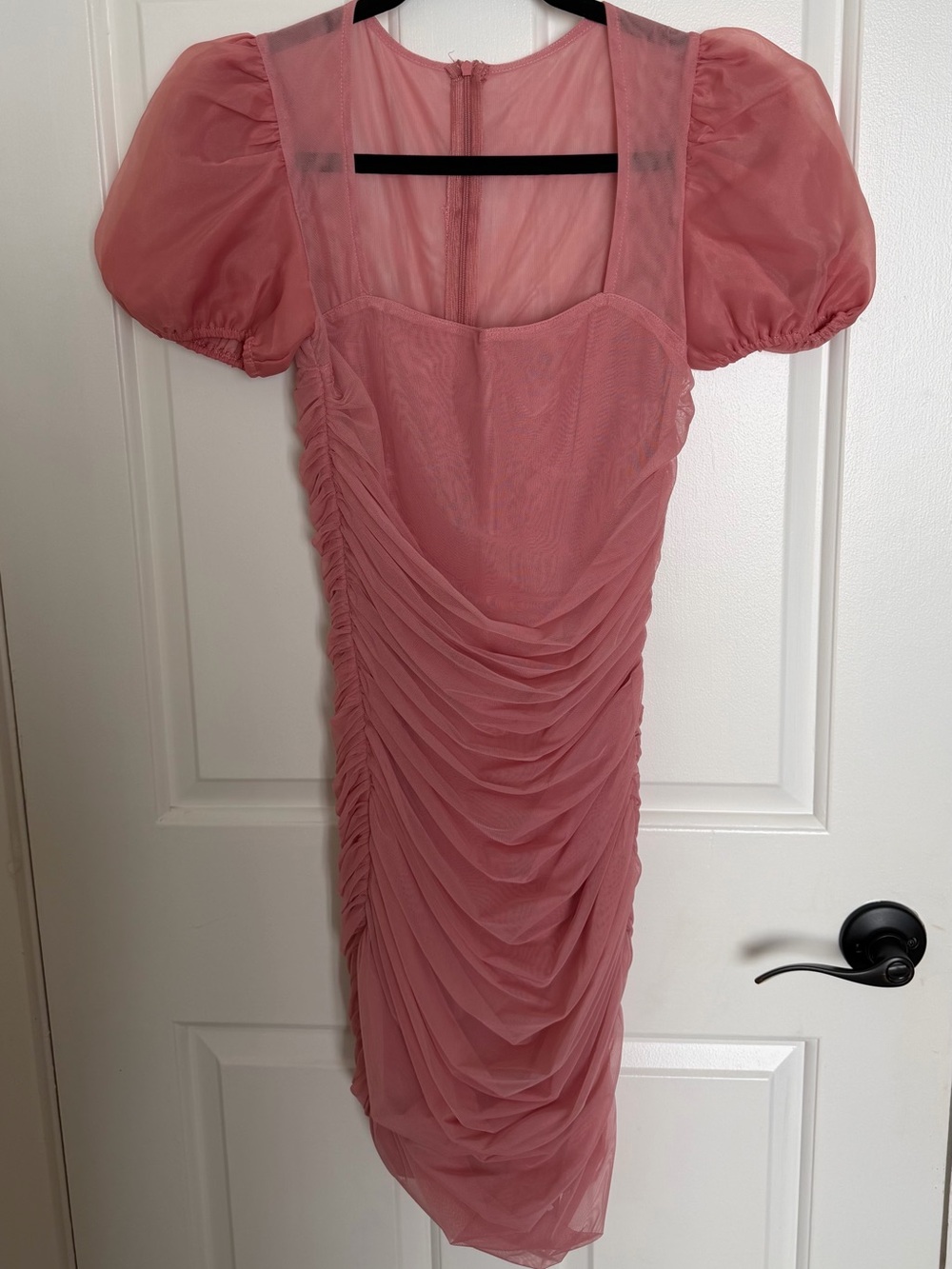 Missguided Pink Ruched Midi Dress with Puff Sleeves